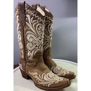Circle G Women's Leather Cowboy Boots Brown&Ivory Cowgirl Riding Boots Sz. 7M
